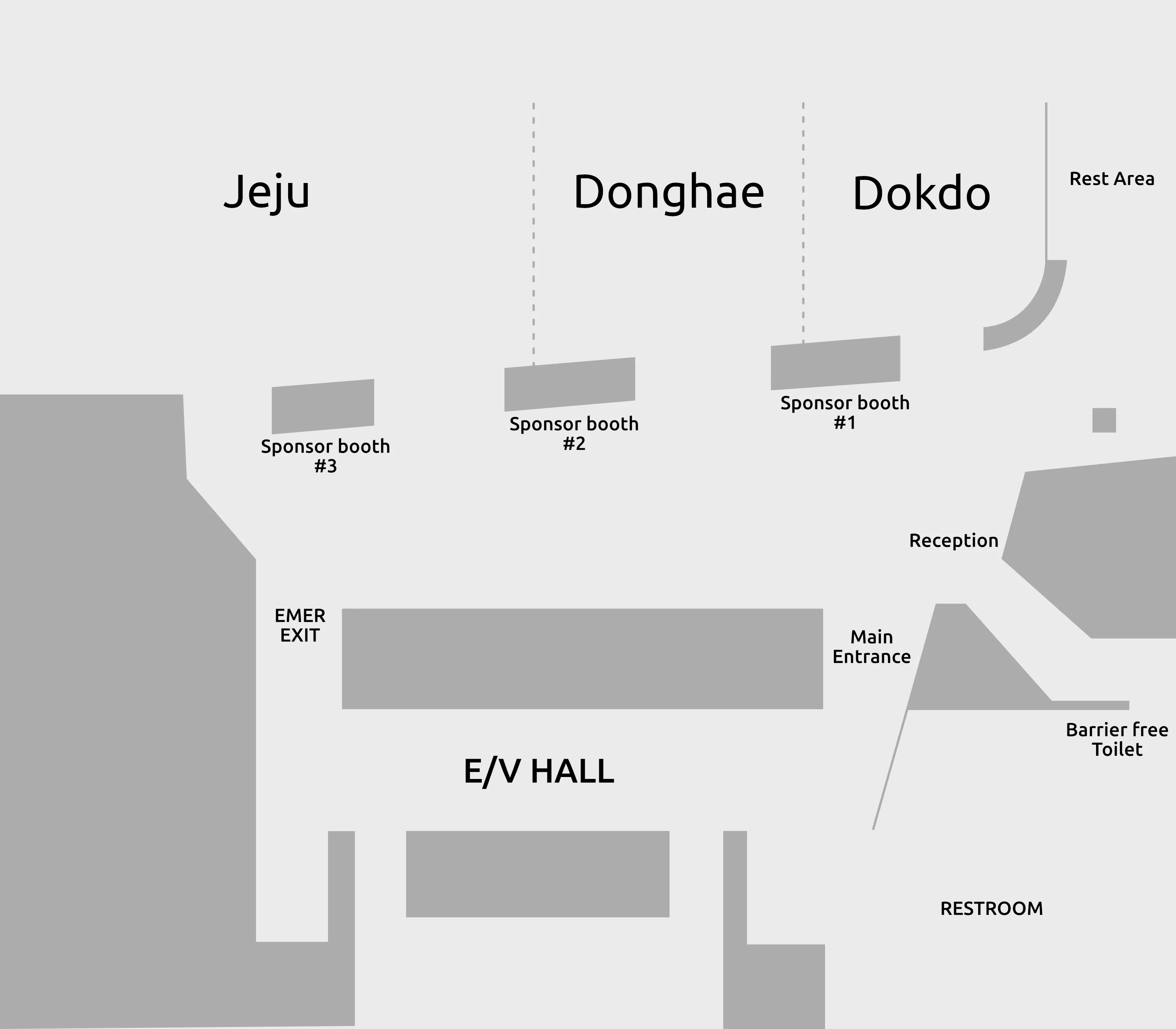 한국마이크로소프트 13층 지도. 가장 안쪽부터 Jeju, Donghae, Dokdo 홀이 있고, 주 입구로 들어가면 오른쪽에 Reception이, Reception에서 더 안쪽으로 들어가면 Rest Area가 나온다. 엘리베이터 홀에서 오른쪽으로 꺾은 뒤의 왼쪽은 주 출입구, 오른쪽은 화장실로 구성되어 있다. 비상 출구는 Jeju 홀 반대편에 있다.
